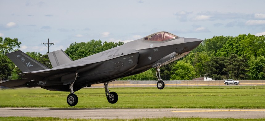 U.S. Air Force Maj. Melanie "Mach" Kluesner, F-35A Lightning II Demonstration Team, lands her aircraft at the National Museum of the U.S. Air Force on May 24, 2025.