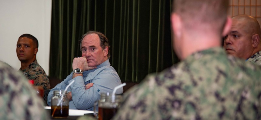 Secretary of the Navy John Phelan speaks with sailors and Marines at Naval Base Guam, May 1, 2025.