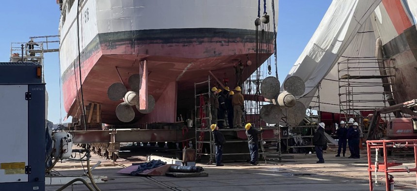 U.S. Coast Guard Cutter Diligence (WMEC 616) is hoisted on blocks while in dry dock, March 21, 2024, at the Coast Guard Yard in Baltimore, Maryland.