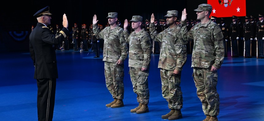Army Chief Gen. Randy George administers the Oath of Office to four new U.S. Army lieutenant colonels during a Detachment 201: The Army’s Executive Innovation Corps commissioning ceremony at Joint Base Myer-Henderson Hall, Va., June 13, 2025.