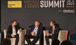Govexec Editor-in-Chief Frank Konkel (left) interviews Bill Vass, CTO at Booz Allen Hamilton, and Derek Tournear, director of the Space Development Agency, at the Defense One Tech Summit. 