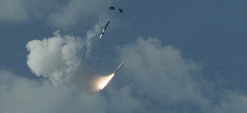 A Medium Range Ballistic Missile with a Hypersonic Target Vehicle (HTV) - 1 front end is air launched from a C-17 aircraft off the coast of the Pacific Missile Range Facility, Hawaii, during a flight test on March 24, 2025.