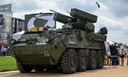 A Manuever-Short Range Air Defense (M-SHORAD) Stryker is on display during the U.S. Army 250th Birthday Festival on the National Mall in Washington, D.C., June 14, 2025. 