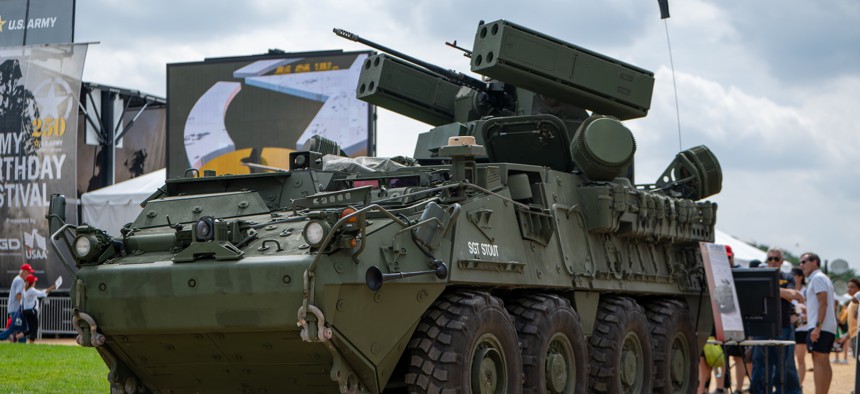 A Manuever-Short Range Air Defense (M-SHORAD) Stryker is on display during the U.S. Army 250th Birthday Festival on the National Mall in Washington, D.C., June 14, 2025.