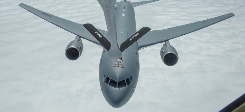 A U.S. Air Force KC-46 takes on gas over the Atlantic Ocean in 2020.