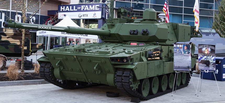 A M10 Booker sits on display at Gillette Stadium in Foxborough, Massachusetts, before the 124th Army-Navy football game on December 9, 2023.