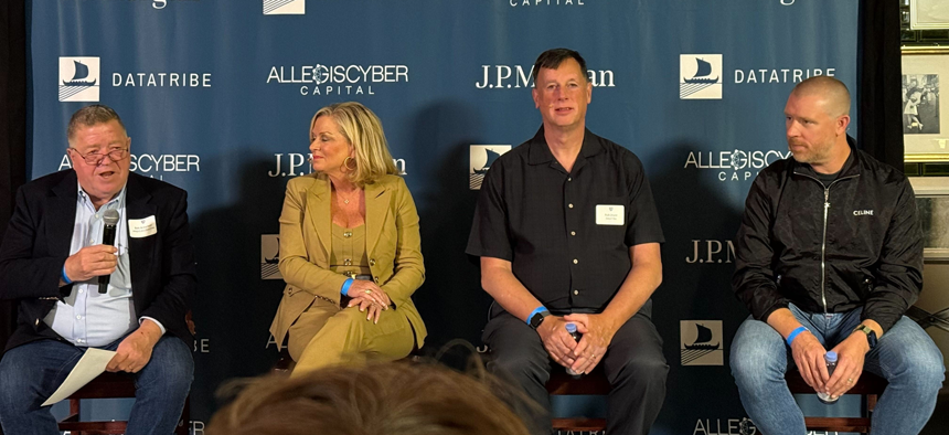 Bob Ackerman of AllegisCyber Capital, left, CISA spokesperson Marcy McCarthy, former NSA official Rob Joyce, and Patrick Opet of JP Morgan Chase speak Aug. 5 at Black Hat in Las Vegas, Nevada.