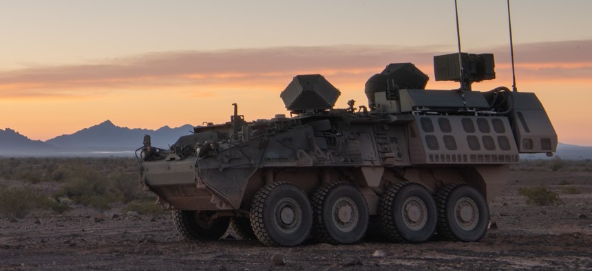 The Directed Energy Maneuver-Short Range Air Defense system, or DE M-SHORAD, in 2023. 