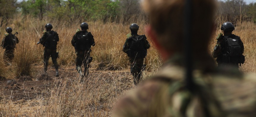 Cameroonian soldiers take part in a counter-terrorism training hosted by the International Counter-Terrorism Academy with U.S. Special Forces in Daboya, Ghana, on March 11, 2023. 