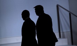 Russia's President Vladimir Putin, left, and US President Donald Trump arrive for a group photo at the G20 Summit in Osaka on June 28, 2019.