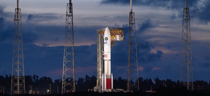 The Vulcan rocket before takeoff at Cape Canaveral, Fla., Aug. 12, 2025.