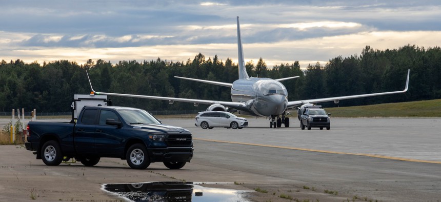 A U.S. Marine Corps C-40A Clipper prepares to offload personnel and equipment during Exercise Arctic Edge 2025 at Joint Base Elmendorf-Richardson, Alaska, Aug. 8, 2025. 