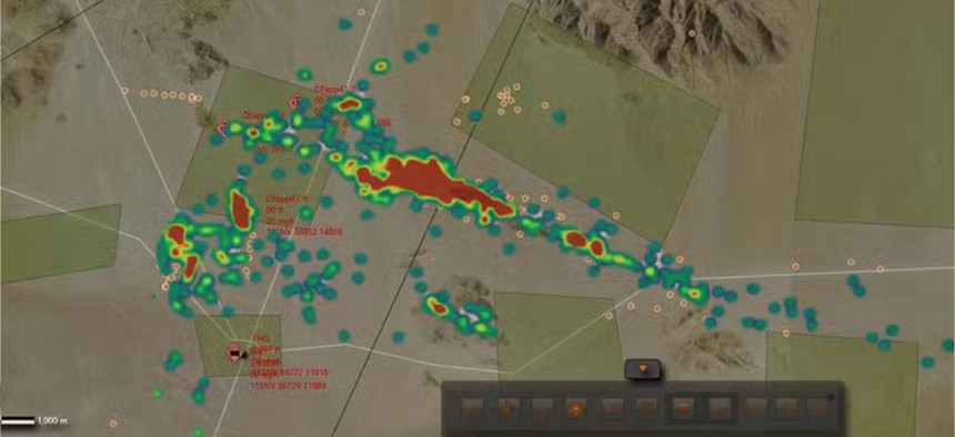 Command posts appear bright red in this image of electronic emissions of a brigade combat team training at Fort Irwin, Calif.