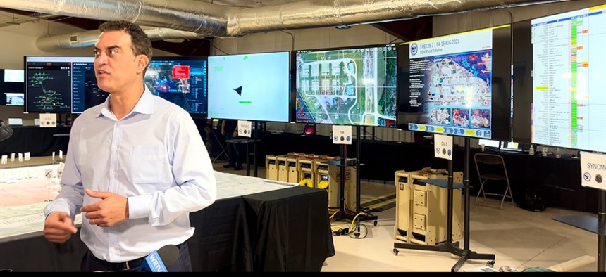 Emil Michael, the undersecretary of defense for research and engineering, observers at the T-REX event at Camp Atterbury, Indiana.