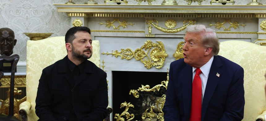 U.S. President Donald Trump meets with Ukrainian President Volodymyr Zelensky at the White House on August 18, 2025, in Washington, D.C.
