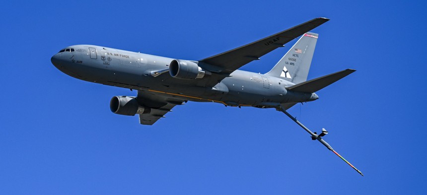 A KC-46 Pegasus aircraft from Altus Air Force Base, Oklahoma, executes a fly-over at San Marcos, Texas, on Nov. 9, 2024.