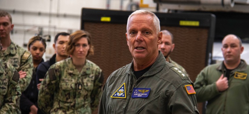Vice Adm. Daniel “Undra” Cheever, Commander, Naval Air Forces, speaks to sailors of VP-47 at Kadena Air Base at Okinawa, Japan, on February 18, 2025.