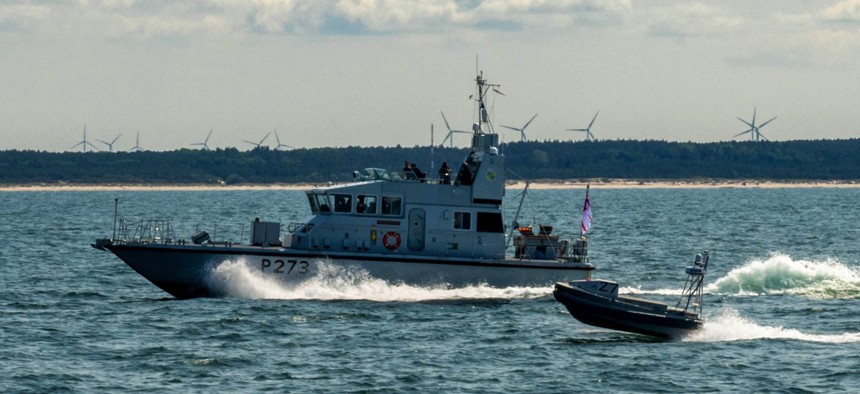 A global autonomous reconnaissance craft attached to the U.S. Navy's Task Force 66 operates with the Royal Navy's HMS Pursuer during BALTOPS 2025 on June 12, 2025.