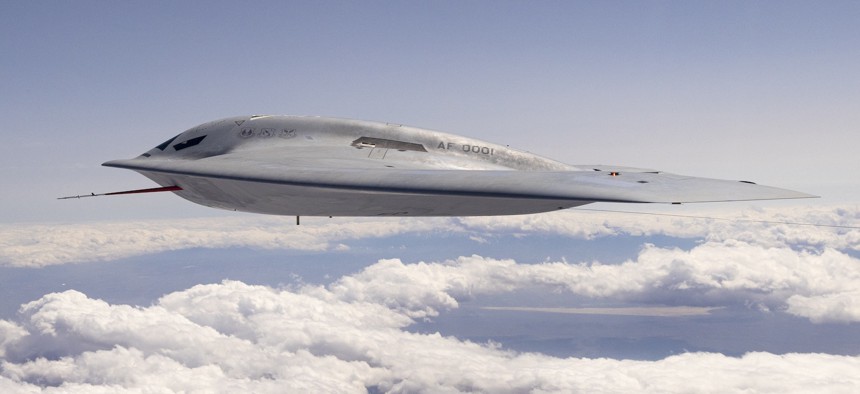 A B-21 Raider conducts flight tests, including ground testing, taxiing, and flying, at Edwards Air Force Base, California, in 2024.