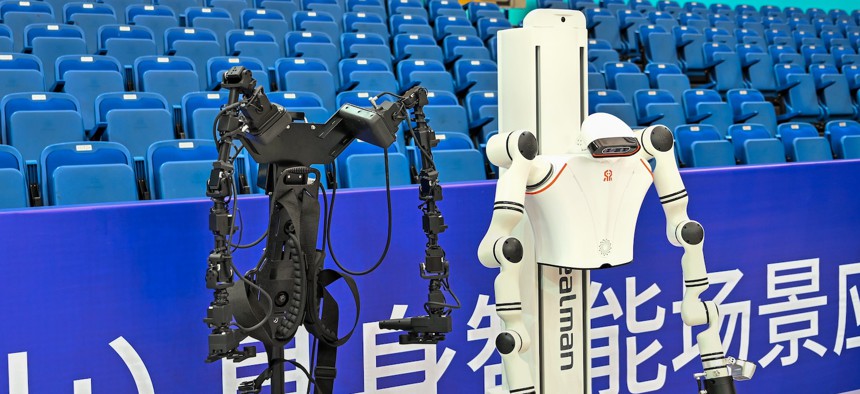 An exoskeleton assist system on display at the Robot Application Competition of the 2025 Yangtze River Delta Embodied Intelligent Scene Application Competition in China, August 1, 2025.