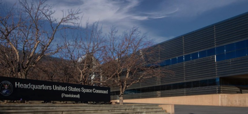 Building 1 at Peterson Space Force Base, Colo., the provisional headquarters of U.S. Space Command at Petersen Air Force Base, Colorado.