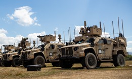 U.S. Marines with the 3rd Marine Division prepare their Joint Light Tactical Vehicles for Exercise Balikatan 25 at Naval Station Leovigildo Gantioqui in the Philippines on April 19, 2025. 