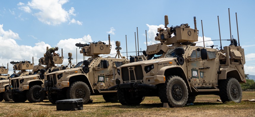 U.S. Marines with the 3rd Marine Division prepare their Joint Light Tactical Vehicles for Exercise Balikatan 25 at Naval Station Leovigildo Gantioqui in the Philippines on April 19, 2025. 
