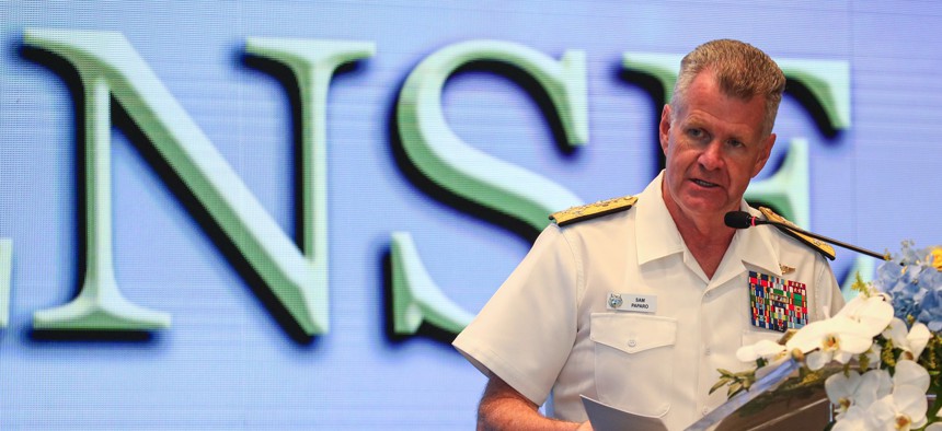 Navy Adm. Samuel Paparo, commander, U.S. Indo-Pacific Command, addresses attendees of the 27th Indo-Pacific Chiefs of Defense Conference, Hua Hin, Thailand, Aug. 27, 2025. 