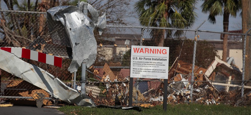 Debris litters Tyndall Air Force Base, Florida, after Hurricane Michael on October 17, 2018.