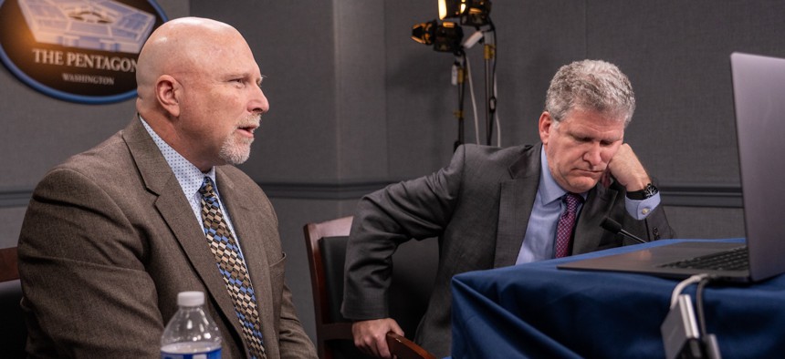 Chief of the Department of Defense Zero Trust Portfolio Management Office Randy Resnick, and then-Acting Principal Deputy Chief Information Officer for Cybersecurity David McKeown during a virtual press briefing on the release of the DOD Zero Trust Strategy and Roadmap at the Pentagon, Nov. 22, 2022.