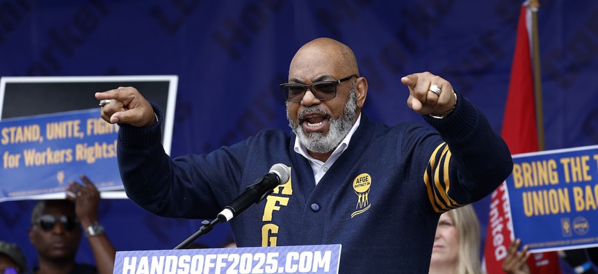 American Federation of Government Employees National President Everett Kelley during the Hands Off! day of action against the Trump administration and Elon Musk on April 5, 2025 in Washington, D.C. Kelley lauded the House’s decision to retain collective bargaining protections as part of the NDAA
