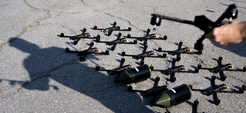 Fiber-optic FPV drones are handed over by the minister of foreign affairs of Ukraine to the 21st Mechanized Brigade on September 10, 2025, in Kyiv, Ukraine. 