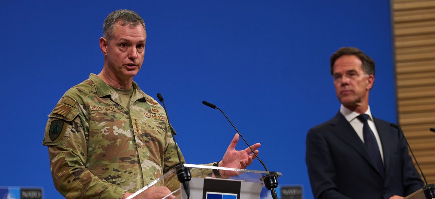USAF Gen. Alexus Grynkewich, left, and NATO Secretary General Mark Rutte announce the “Eastern Sentry” quick-response effort in a press conference in Brussels, Belgium.