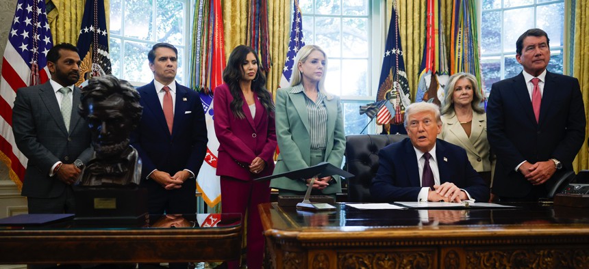 President Donald Trump delivers remarks in the Oval Office on September 15, 2025.