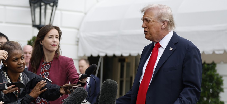U.S. President Donald Trump speaks to members of the media as he departs the White House on September 16, 2025, in Washington, D.C.