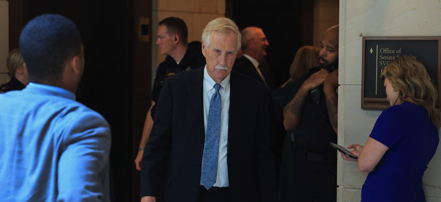 Sen. Angus King (I-ME) leaves a classified briefing on June 26, 2025, in Washington, D.C. 