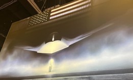 Boeing's booth at the 2025 Air, Space & Cyber Conference outside Washington, D.C., prominently features a large image of the F-47 combat aircraft.