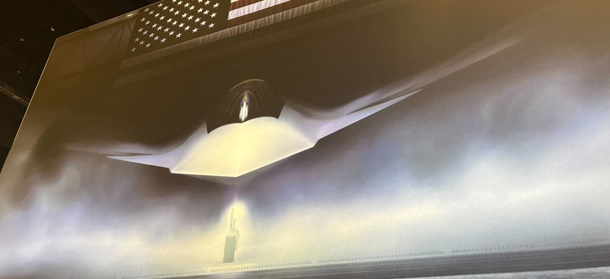 Boeing's booth at the 2025 Air, Space & Cyber Conference outside Washington, D.C., prominently features a large image of the F-47 combat aircraft.