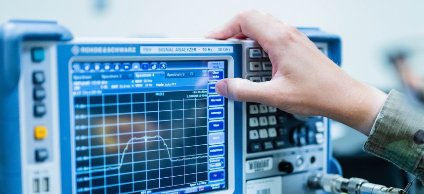 A U.S. Space Force Guardian with the 527th Space Aggressor Squadron operates a spectrum analyzer during exercise Resolute Space 2025 at Maui, Hawaii, July 30, 2025.