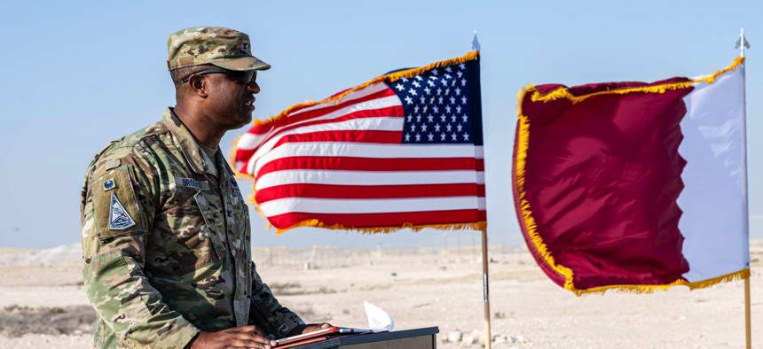 Col. Frank Brooks, Space Forces Central deputy commander, delivers remarks during the Space Campus groundbreaking ceremony within the U.S. Central Command area of responsibility at Al Udeid Air Base, Qatar on Jan. 14, 2025. 