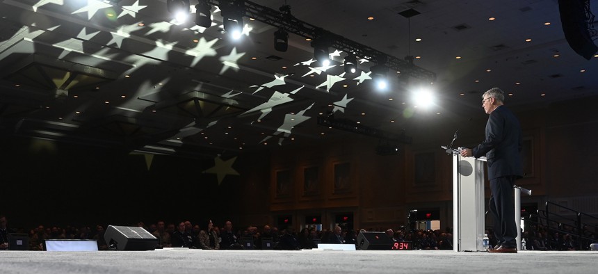 Air Force Secretary Troy Meink speaks at the 2025 Air, Space and Cyber Conference at National Harbor, Md., Sept 22, 2025.