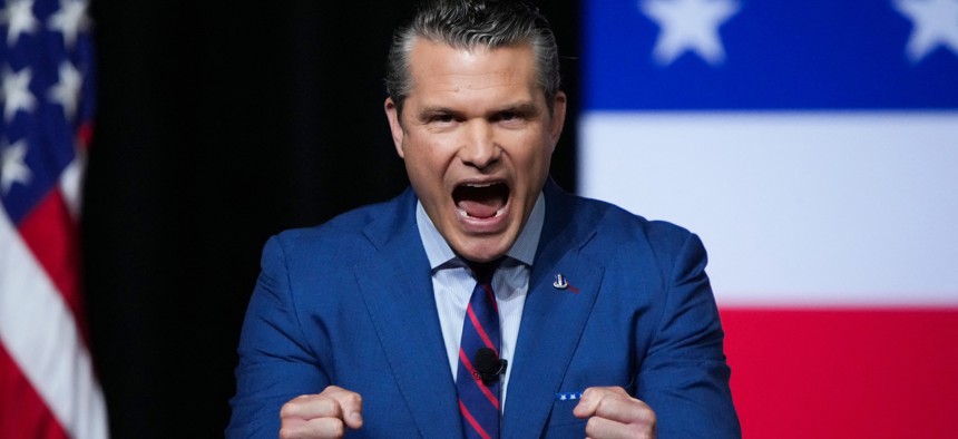 Defense Secretary Pete Hegseth speaks to senior military leaders on Sept. 30, 2025, in Quantico, Virginia. During his speech, he said that the inspector general process "has been weaponized." 