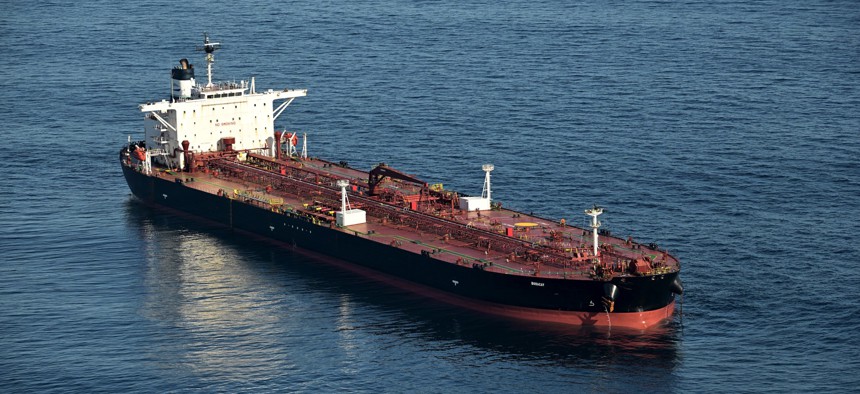 The Benin-flagged tanker Boracay, seen here anchored off Saint-Nazaire, France, on Oct. 1, 2025, is blacklisted by the European Union for being part of Russia's sanction-busting "shadow fleet."
