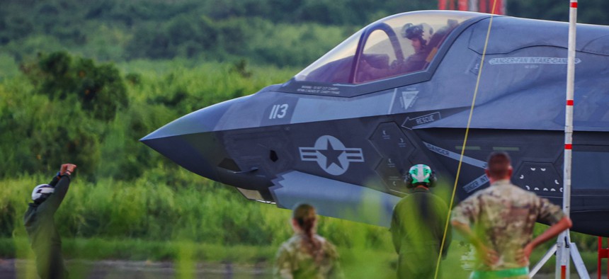 U.S. Marines park a Lockheed Martin F-35B fighter aircraft at the former Roosevelt Roads Naval Station in Puerto Rico on on September 13, 2025.