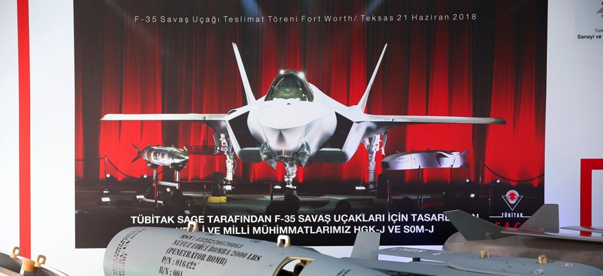 A 2018 display at an Ankara ceremony shows munitions designed by Turkish defense companies for the Turkish Air Force's much-anticipated F-35s.