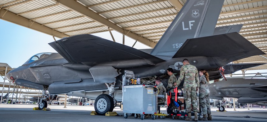 Reservists from the 944th Maintenance Group inspect and repair an F-35A fighter jet at Luke Air Force Base, Ariz., on Sept. 8, 2024.