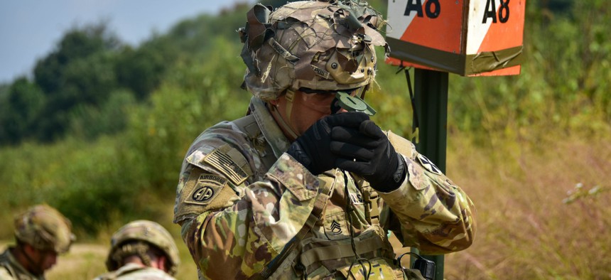 U.S. Army Sgt. 1st Class Felix Dominguez, a combat engineer assigned to USAG Humphreys, conducts compass to cheek method on a land navigation course at Rodriguez Life Fire Complex, South Korea, Oct. 1, 2025.