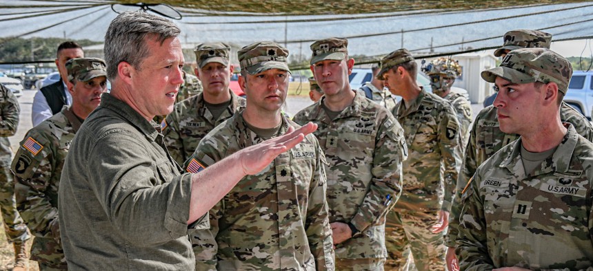 Army Secretary Dan Driscoll speaks to soldiers while visiting Fort Campbell, Ky., September 9, 2025.