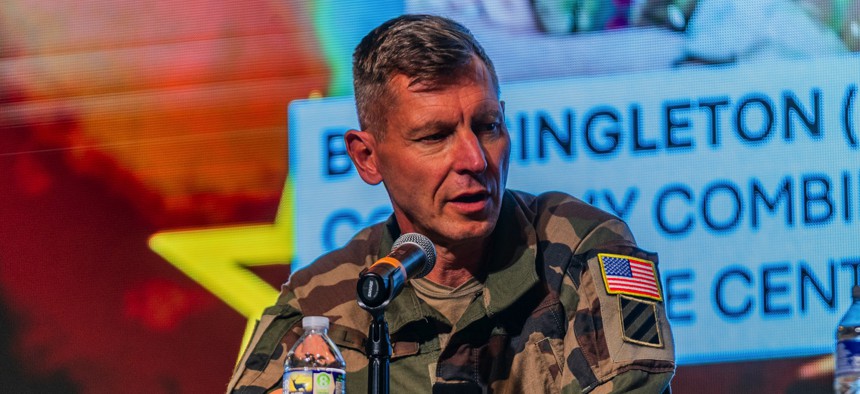 Gen. James J. Mingus, U.S. Army Vice Chief of Staff, talks about war's evolving character at the Maneuver Warfighter Conference at Fort Benning, Georgia, on Sept. 11, 2025.