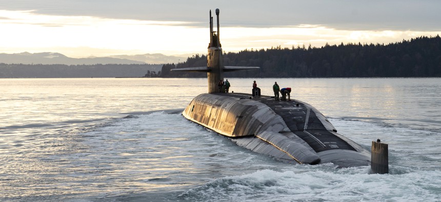 The U.S. Navy's Ohio-class ballistic missile submarine USS Louisiana (SSBN 743) transits Puget Sound on Feb. 9, 2023.